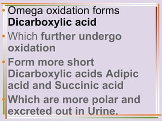 • Omega oxidation forms
Dicarboxylic acid
• Which further undergo
oxidation
• Form more short
Dicarboxylic acids Adipic
acid and Succinic acid
• Which are more polar and
excreted out in Urine.
 