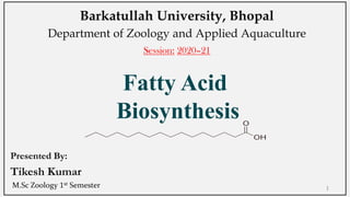 Fatty Acid
Biosynthesis
Presented By:
Tikesh Kumar
M.Sc Zoology 1st Semester
Barkatullah University, Bhopal
Department of Zoology and Applied Aquaculture
Session: 2020–21
1
 