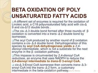 BETA OXIDATION OF POLY
UNSATURATED FATTY ACIDS
 A different set of enzymes is required for the oxidation of
Linoleic acid...
