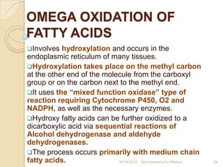 OMEGA OXIDATION OF
FATTY ACIDS
Involves  hydroxylation and occurs in the
endoplasmic reticulum of many tissues.
Hydroxyl...