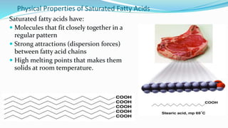 Physical Properties of Saturated Fatty Acids
Saturated fatty acids have:
 Molecules that fit closely together in a
regular pattern
 Strong attractions (dispersion forces)
between fatty acid chains
 High melting points that makes them
solids at room temperature.
 