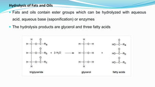 Hydrolysis of Fats and Oils
 Fats and oils contain ester groups which can be hydrolyzed with aqueous
acid, aqueous base (saponification) or enzymes
 The hydrolysis products are glycerol and three fatty acids
 