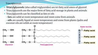 Triacylglycerols
 Triacylglycerols (also called triglycerides) are tri-fatty acid esters of glycerol
 Triacylglycerols are the major form of fatty acid storage in plants and animals
 Triacylglycerols can be classified as fats or oils
- fats are solid at room temperature and most come from animals
- oils are usually liquid at room temperature and come from plants (palm and
coconut oils are solids at room temperature)
 