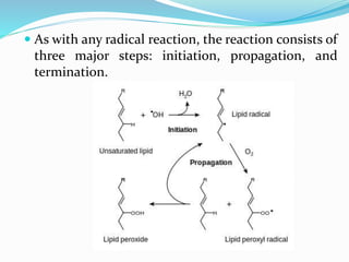  As with any radical reaction, the reaction consists of
three major steps: initiation, propagation, and
termination.
 