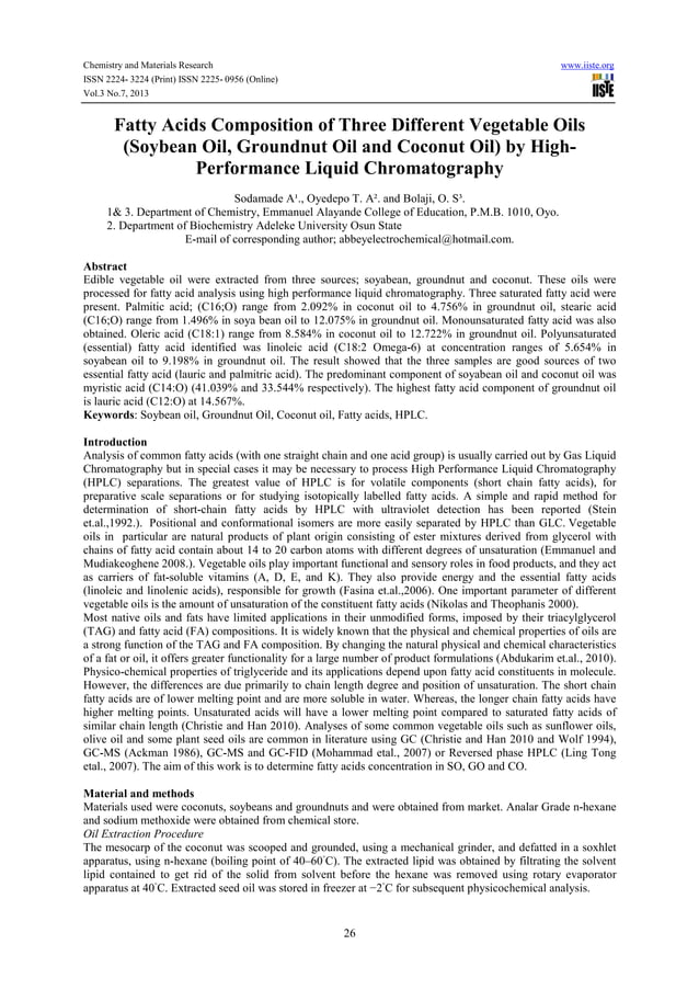 Fatty acids composition of three different vegetable oils (soybean oil
