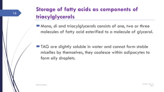 Storage of fatty acids as components of
triacylglycerols
Mono, di and triacylglycerols consists of one, two or three
molecules of fatty acid esterified to a molecule of glycerol.
TAG are slightly soluble in water and cannot form stable
micelles by themselves, they coalesce within adipocytes to
form oily droplets.
Tuesday, June 14,
2016
Rajesh Chaudhary
16
 