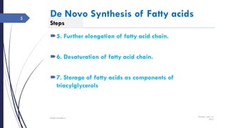 Steps
5. Further elongation of fatty acid chain.
6. Desaturation of fatty acid chain.
7. Storage of fatty acids as components of
triacylglycerols
Tuesday, June 14,
2016
Rajesh Chaudhary
5
De Novo Synthesis of Fatty acids
 