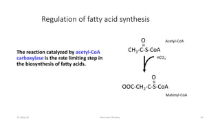 Regulation of fatty acid synthesis
The reaction catalyzed by acetyl-CoA
carboxylase is the rate limiting step in
the biosynthesis of fatty acids.
CH3-C-S-CoA
=
O
HCO3
-
-OOC-CH2-C-S-CoA
=
O
Acetyl-CoA
Malonyl-CoA
15-May-20 Namrata Chhabra 54
 