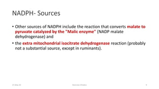 NADPH- Sources
• Other sources of NADPH include the reaction that converts malate to
pyruvate catalyzed by the "Malic enzyme" (NADP malate
dehydrogenase) and
• the extra mitochondrial isocitrate dehydrogenase reaction (probably
not a substantial source, except in ruminants).
15-May-20 Namrata Chhabra 9
 