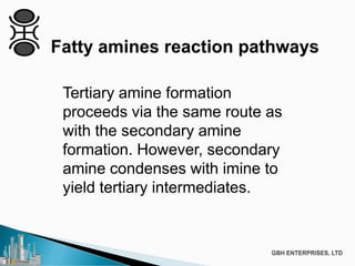 Tertiary amine formation
proceeds via the same route as
with the secondary amine
formation. However, secondary
amine condenses with imine to
yield tertiary intermediates.
 