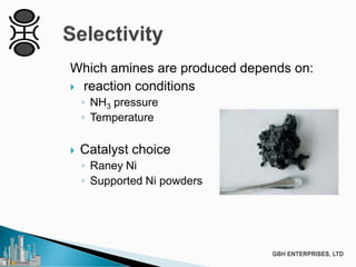 Which amines are produced depends on:
 reaction conditions
◦ NH3 pressure
◦ Temperature
 Catalyst choice
◦ Raney Ni
◦ Supported Ni powders
 