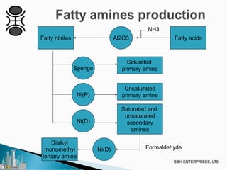 Fatty nitriles Fatty acidsAl2O3
NH3
Unsaturated
primary amine
Saturated
primary amine
Saturated and
unsaturated
secondary
amines
Dialkyl
monomethyl
tertiary amine
Ni(P)
Sponge
Ni(D)
Ni(D) Formaldehyde
 