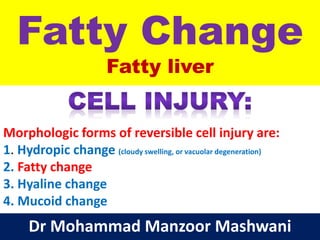 Fatty Change
Fatty liver
Dr Mohammad Manzoor Mashwani
Morphologic forms of reversible cell injury are:
1. Hydropic change (cloudy swelling, or vacuolar degeneration)
2. Fatty change
3. Hyaline change
4. Mucoid change
 