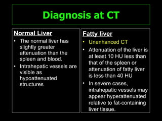 Diagnosis at CT Normal Liver The normal liver has slightly greater attenuation than the spleen and blood. Intrahepatic vessels are visible as hypoattenuated structures Fatty liver Unenhanced CT Attenuation of the liver is at least 10 HU less than that of the spleen or attenuation of fatty liver is less than 40 HU In severe cases, intrahepatic vessels may appear hyperattenuated relative to fat-containing liver tissue. 