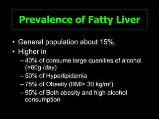 Prevalence of Fatty Liver General population about 15%. Higher in   40% of consume large quanities of alcohol (>60g /day)  50% of Hyperlipidemia  75% of Obesity (BMI> 30 kg/m 2 )  95% of Both obesity and high alcohol consumption 