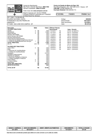 Central de Atendimento                                Centro de Gestão de Meios de Pgto. S/A
                             São Paulo e Grande São Paulo: 4002-1552               Rua Minas Bogasian, 253 - CEP 06013-010 - Osasco - SP
                             Demais Localidades: 0800 015 0252                     CNPJ/MF: 04.088.208/0001-65
                                                                                   Inscrição Estadual: 492.428.502.113
                             Visite nosso site www.semparar.com.br
                         Regime especial conf. decreto 5458/85
                         Processo 28.827/01 Autorizado em 17/09/2001                   Nº FATURA:            71043810              PÁGINA 1 de 1
                         Nº Nota Fiscal Fat. Serviços
CPF / CNPJ: 716.956.800-49
EDUARDO NATANIEL COSTA                                                                            Código:                               2093003
R FRANCISCO GALVÃO FREIRE 205                                                                     Data Emissão:                       09/12/2011
URBANOVA                                                                                          Data Vencimento:                    15/12/2011
81710260 - SAO JOSE DOS CAMPOS - SP                                                               Valor:                               R$ 337,95

 Descrição                                        Qtde              Valor    Últimas Faturas
 VALORES TRIBUTÁVEIS                                                         Vencimento                    Valor Situação
 Adesão                                            0   R$             0,00   15/12/2011      R$            337,95   EM ABERTO
 Mensalidade                                       2   R$            23,80
                                                                             16/11/2011      R$            322,75   LIQUIDADO
 Outros Serviços                                   0   R$             0,00
 Serviços Vale Pedágio                                 R$             0,00   17/10/2011      R$            336,75   LIQUIDADO
 Outros Serviços Vale Pedágio                          R$             0,00   15/09/2011      R$            187,45   LIQUIDADO
 Serviços Estacionamento                               R$             0,00   15/08/2011      R$            420,38   LIQUIDADO
 Outros Serviços Estacionamento                        R$             0,00
                                                                             15/07/2011      R$            344,38   LIQUIDADO
 (-) Descontos de Adesão/mensal/Outros Serviços        R$             0,00
 (-) Crédito de Adesão/Mensal/Outros Serviços       1  R$             5,95   15/06/2011      R$            525,35   LIQUIDADO
 TOTAL TRIBUTÁVEL                                      R$            17,85   16/05/2011      R$            368,06   LIQUIDADO
 ISS (%)                                          2,00 R$             0,36   15/04/2011      R$            375,16   LIQUIDADO
                                                                             15/03/2011      R$            511,01   LIQUIDADO
 VALORES NÃO TRIBUTÁVEIS
 Juros e Mora                                      0     R$           0,00   15/02/2011      R$            600,56   LIQUIDADO
 Multa                                                   R$           0,00   17/01/2011      R$            649,01   LIQUIDADO
 (-) Descontos de Juros/Mora/Multa                       R$           0,00
 (-) Créditos de Juros/Mora/Multas                       R$           0,00
 Passagens                                         94    R$         314,10
 Passagens Estacionamento                           2    R$           6,00
 Diferença de Categoria                                  R$           0,00
 (-) Descontos Passagens e Estacione                     R$           0,00
 (-) Créditos Passagens e Estacione                      R$           0,00
 Outros Débitos                                    0     R$           0,00
 (-) Outros Créditos                               0     R$           0,00
 Reembolsos                                              R$           0,00
 TOTAL NÃO TRIBUTÁVEL                                    R$         320,10
 IMPOSTOS RETIDOS                                        R$           0,00

 TOTAL DA NF                                             R$         337,95




   BANCO / AGÊNCIA            DATA DE EMISSÃO                 IDENT. DÉBITO AUTOMÁTICO                VENCIMENTO                TOTAL A PAGAR
      341-3878                   09/12/2011                                                            15/12/2011                   337,95

Esta fatura será considerada quitada após débito em conta corrente ou em cartão de crédito
 