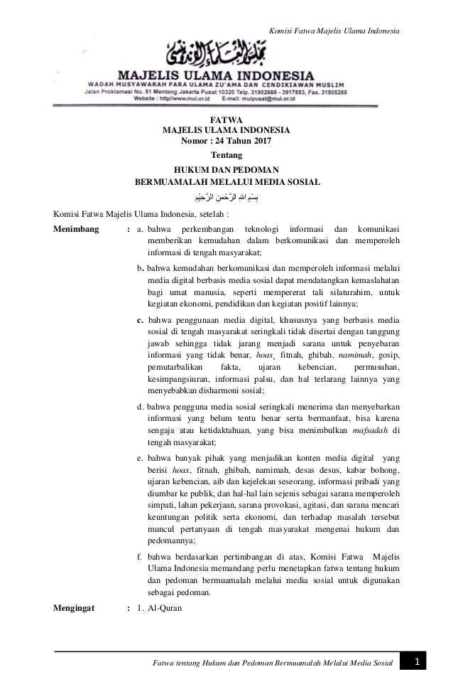 Fatwa Mui No 24 Tahun 2017 Tentang Hukum Pedoman Bermuamalah Melalu