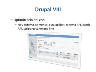 Drupal VIII
– Optimització del codi
• Nou sistema de menus, escalabilitat, schema API, Batch
API, scripting command line
 