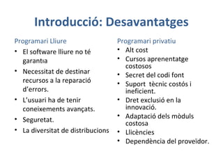 Introducció: Desavantatges
Programari Lliure
• El software lliure no té
garantıa
• Necessitat de destinar
recursos a la reparació
d’errors.
• L’usuari ha de tenir
coneixements avançats.
• Seguretat.
• La diversitat de distribucions
Programari privatiu
• Alt cost
• Cursos aprenentatge
costosos
• Secret del codi font
• Suport tècnic costós i
ineficient.
• Dret exclusió en la
innovació.
• Adaptació dels mòduls
costosa
• Llicències
• Dependència del proveïdor.
 