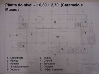 Planta do nível - + 0,80 + 2,70 (Caramelo e
Museu)

            1
                                     6            7



                     2                            8
       4
                                         10


            3
                                              9   5

                                     4
1 - Lanchonete           6 – Museu
2 - Rampa                7 – Grêmio
3 - Portaria             8 – Tesouraria
4 – Estacionamento       9 – Diretoria
5- Depósito              10 – Salão Caramelo
 