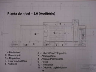 Planta do nível – 3,0 (Auditório)


                                                      9


                                              5
                            4                                 10



     1             2    3              1          6       5   11
         1

1 – Banheiros                   6 – Laboratório Fotográfico
2- Manutenção                   7 - Almoxarifado
3 – Depósitos                   8 – Arquivo Permanente
     Planta
4- Estar do Auditório
5- Auditório
                                9 – Porão
                                10 – Vestiários
                                11 – Depósito da Biblioteca
 
