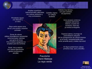 Fauvismo
Henri Matisse
La raya verde
Amplias superficies
bidimensionales rellenadas
con colores arbitrarios y
muy contrastados
Colores muy densos,
con gran cantidad
de pigmentos
Zonas de colores
cálidos (amarillentos) representan
zona iluminada, mientras
que gama de tonos
fríos (rosados apagados) se
emplean para las sombras
Pinceladas siguen
una dirección y
un ritmo
Espacios planos, el amago de
profundidad lo adquiere
por la contraposición de colores binarios
en el fondo: naranja(amarillo-rojo),
verde (amarillo-azul) y violeta (rojo-azul)
Unos escasos contornos
captaban elementos
básicos, el resto era
accesorio. Para eso
ya existía la fotografía
Busto de su esposa
con cabeza ligeramente
girada (composición
sencilla)
Raya verde separa zona
de luz y de sombra y acentúa
contraste
Cabellos negros
con reflejos
azulados
En figura predominan colores
primarios (rojo, azul y amarillo)
Historia del Arte
Rosa Mª Vilá Blasco
 