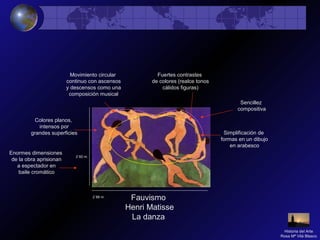 Fauvismo
Henri Matisse
La danza
Simplificación de
formas en un dibujo
en arabesco
Colores planos,
intensos por
grandes superficies
Fuertes contrastes
de colores (realce tonos
cálidos figuras)
Movimiento circular
continuo con ascensos
y descensos como una
composición musical
Enormes dimensiones
de la obra aprisionan
a espectador en
baile cromático
2`60 m.
2`88 m.
Sencillez
compositiva
Historia del Arte
Rosa Mª Vilá Blasco
 