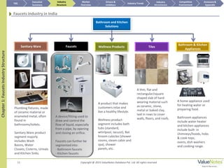 11
Bathroom and Kitchen
Solutions
Faucets industry in India
Bathroom & Kitchen
Appliances
Wellness Products
Chapter1:FaucetsIndustryStructure
TilesFaucetsSanitary Ware
Plumbing fixtures, made
of ceramic material or
enameled metal, often
found in
bathrooms/toilets.
Sanitary Ware product
segment majorly
includes Wash
Basins, Water
Closets, Cisterns, Urinals
and Kitchen Sinks.
A thin, flat and
rectangular/square
shaped slab of hard-
wearing material such
as ceramic, stone,
metal or baked clay,
laid in rows to cover
walls, floors, and roofs.
A home appliance used
for heating water or
preparing food.
Bathroom appliances
include water heater
and kitchen appliances
include built- in
chimneys/hoods, hobs
& cook-tops,
ovens, dish washers
and cooking range.
A product that makes
customers relax and
live a healthy lifestyle.
Wellness product
segment includes bath
tubs (standard,
whirlpool, Jacuzzi), Bat
hroom cubicles (shower
rooms, steam cabin and
spa), shower
panels, etc.
A device/fitting used to
draw and control the
flow of liquid, especially
from a pipe, by opening
and closing an orifice.
Faucets can further be
segmented into:
- Bathroom faucets
- Kitchen faucets
TOC
Market
Overview
Annexure &
Appendix
Industry Trends
Competitive
Environment
Industry
Structure
Executive
Summary
Drivers &
Inhibitors
Industry
Attractiveness
Copyright @ 2015 ValueNotes Database Pvt. Ltd. All rights reserved
 
