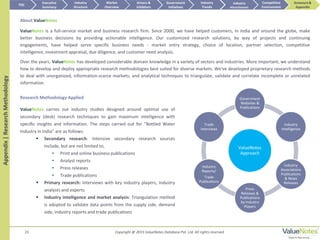 ValueNotes is a full-service market and business research firm. Since 2000, we have helped customers, in India and around the globe, make
better business decisions by providing actionable intelligence. Our customized research solutions, by way of projects and continuing
engagements, have helped serve specific business needs - market entry strategy, choice of location, partner selection, competitive
intelligence, investment appraisal, due diligence, and customer need analysis.
Over the years, ValueNotes has developed considerable domain knowledge in a variety of sectors and industries. More important, we understand
how to develop and deploy appropriate research methodologies best suited for diverse markets. We've developed proprietary research methods
to deal with unorganized, information-scarce markets; and analytical techniques to triangulate, validate and correlate incomplete or unrelated
information
23
ValueNotes
Approach
Government
Websites &
Publications
Industry
Intelligence
Industry
Associations
Publications
& News
Releases
Press
Releases &
Publications
by Industry
Players
Industry
Reports/
Trade
Publications
Trade
interviews
ValueNotes carries out industry studies designed around optimal use of
secondary (desk) research techniques to gain maximum intelligence with
specific insights and information. The steps carried out for “Bottled Water
Industry in India” are as follows:
 Secondary research: Intensive secondary research sources
include, but are not limited to,
• Print and online business publications
• Analyst reports
• Press releases
• Trade publications
 Primary research: Interviews with key industry players, industry
analysts and experts
 Industry intelligence and market analysis: Triangulation method
is adopted to validate data points from the supply side, demand
side, industry reports and trade publications
About ValueNotes
Research Methodology Applied
TOC
Market
Overview
Annexure &
Appendix
Industry
Trends
Competitive
Environment
Industry
Structure
Executive
Summary
Drivers &
Inhibitors
Government
Initiatives
Industry
AttractivenessAppendix|ResearchMethodology
Copyright @ 2015 ValueNotes Database Pvt. Ltd. All rights reserved
 