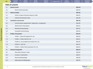 4 Industry trends Slide 34
4.1 Recent trends witnessed Slide 35
5 Industry analysis Slide 36
5.1 Porter’s analysis of faucets industry in India Slide 37
5.2 Industry attractiveness index Slide 38
6 Competitive environment Slide 39
6.1 Faucets industry segmentation: Organized vs. unorganized Slide 40
6.2 Market share of key players Slide 41
6.3 Manufacturing landscape Slide 42
6.4 Competitor benchmarking Slide 43
7 Profiles of key players Slide 44
7.1 Profile I – Jaquar & Company Pvt. Ltd. Slide 45
7.2 Profile II – Grohe India Pvt. Ltd. Slide 47
7.3 Profile III – Ess Ess Bathroom Products Pvt. Ltd. Slide 49
7.4 Profile IV – HSIL Ltd. Slide 51
7.5 Profile V – Kohler India Corporation Pvt. Ltd. Slide 53
8 Annexure & Appendix Slide 55
8.1 Real estate industry in India Slide 56
8.2 Increase in urbanization Slide 57
8.3 Research Methodology Slide 58
8.4 Abbreviations & Bibliography Slide 59
5
TableofContents
Table of contents
TOC
Market
Overview
Annexure &
Appendix
Industry Trends
Competitive
Environment
Industry
Structure
Executive
Summary
Drivers &
Inhibitors
Industry
Attractiveness
Copyright @ 2015 ValueNotes Database Pvt. Ltd. All rights reserved
 