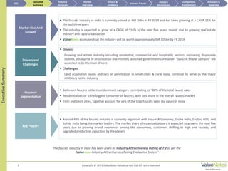 Market Size And
Growth
Industry
Segmentation
 The faucets industry in India is currently valued at INR 50bn in FY 2014 and has been growing at a CAGR 15% for
the last three years
 The industry is expected to grow at a CAGR of ~16% in the next five years, mainly due to growing real estate
industry and rapid urbanization
 ValueNotes estimates that the industry will be worth approximately INR 105bn by FY 2019
 Bathroom faucets is the most dominant category contributing to ~80% of the total faucet sales
 Residential sector is the biggest consumer of faucets, with xx% share in the overall faucets market
 Tier I and tier II cities, together account for xx% of the total faucets sales (by value) in India
Key Players
 Around 48% of the faucets industry is currently organized with Jaquar & Company, Grohe India, Ess Ess, HSIL, and
Kohler India being the market leaders. The market share of organized players is expected to grow in the next five
years due to growing brand awareness among the consumers, customers shifting to high end faucets, and
upgraded production capacities by the players
9
ExecutiveSummary
The faucets industry in India has been given an Industry Attractiveness Rating of 7.2 as per the
‘ValueNotes Industry Attractiveness Rating Evaluation System’
Drivers and
Challenges
 Drivers:
Growing real estate industry including residential, commercial and hospitality sectors, increasing disposable
income, steady rise in urbanization and recently launched government’s initiative- “Swachh Bharat Abhiyan” are
expected to be the main drivers
 Challenges:
Land acquisition issues and lack of penetration in small cities & rural India, continue to serve as the major
inhibitors to the industry
TOC
Market
Overview
Annexure &
Appendix
Industry Trends
Competitive
Environment
Industry
Structure
Executive
Summary
Drivers &
Inhibitors
Industry
Attractiveness
Copyright @ 2015 ValueNotes Database Pvt. Ltd. All rights reserved
 