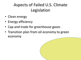 Aspects of Failed U.S. Climate LegislationClean energyEnergy efficiencyCap and trade for greenhouse gasesTransition plan from oil economy to green economy