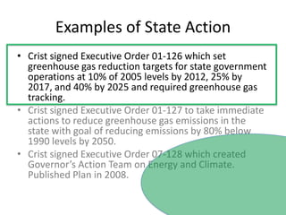 Examples of State ActionCrist signed Executive Order 01-126 which set greenhouse gas reduction targets for state government operations at 10% of 2005 levels by 2012, 25% by 2017, and 40% by 2025 and required greenhouse gas tracking.Crist signed Executive Order 01-127 to take immediate actions to reduce greenhouse gas emissions in the state with goal of reducing emissions by 80% below 1990 levels by 2050.  Crist signed Executive Order 07-128 which created Governor’s Action Team on Energy and Climate.  Published Plan in 2008.