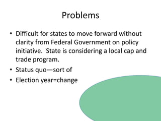 ProblemsDifficult for states to move forward without clarity from Federal Government on policy initiative.  State is considering a local cap and trade program.Status quo—sort ofElection year=change