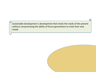 Sustainable development is development that meets the needs of the present without compromising the ability of future generations to meet their own needs.