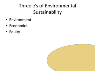 Three e’s of Environmental SustainabilityEnvironmentEconomicsEquity
