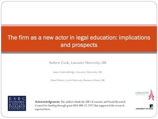 The firm as a new actor in legal education: implications
                    and prospects

                     Andrew Cook, Lancaster University, UK

                         James Faulconbridge, Lancaster University, UK

                       Daniel Muzio, Leeds University Business School, UK




          Acknowledgement: The authors thank the UK’s Economic and Social Research
          Council for funding through grant RES-000-22-2957 that supported the research
          reported here.
 