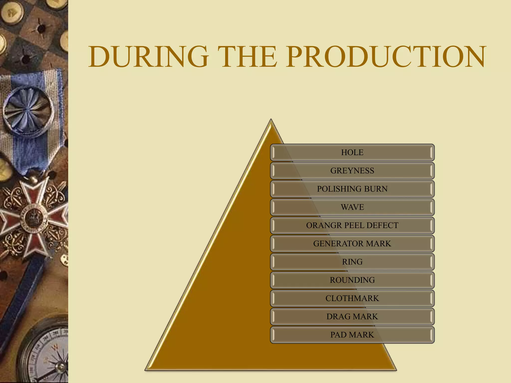 DURING THE PRODUCTION
HOLE
GREYNESS
POLISHING BURN
WAVE
ORANGR PEEL DEFECT
GENERATOR MARK
RING
ROUNDING
CLOTHMARK
DRAG MARK
PAD MARK
 