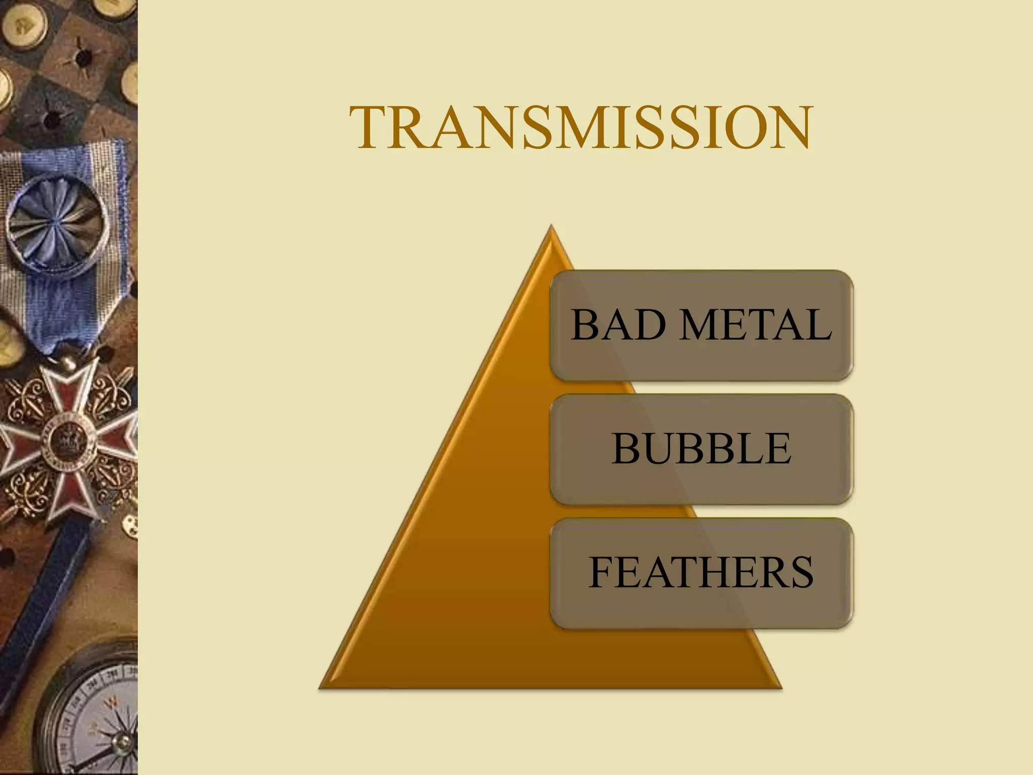 TRANSMISSION
BAD METAL
BUBBLE
FEATHERS
 