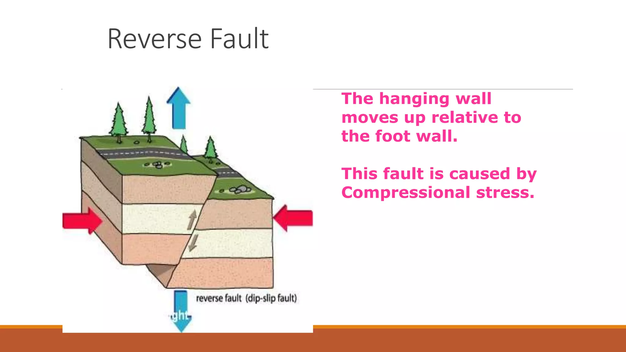 Reverse Fault
The hanging wall
moves up relative to
the foot wall.
This fault is caused by
Compressional stress.
 