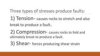 Three types of stresses produce faults:
1) Tension- causes rocks to stretch and also
break to produce a fault.
2) Compression- causes rocks to fold and
ultimately break to produce a fault.
3) Shear- forces producing shear strain
 