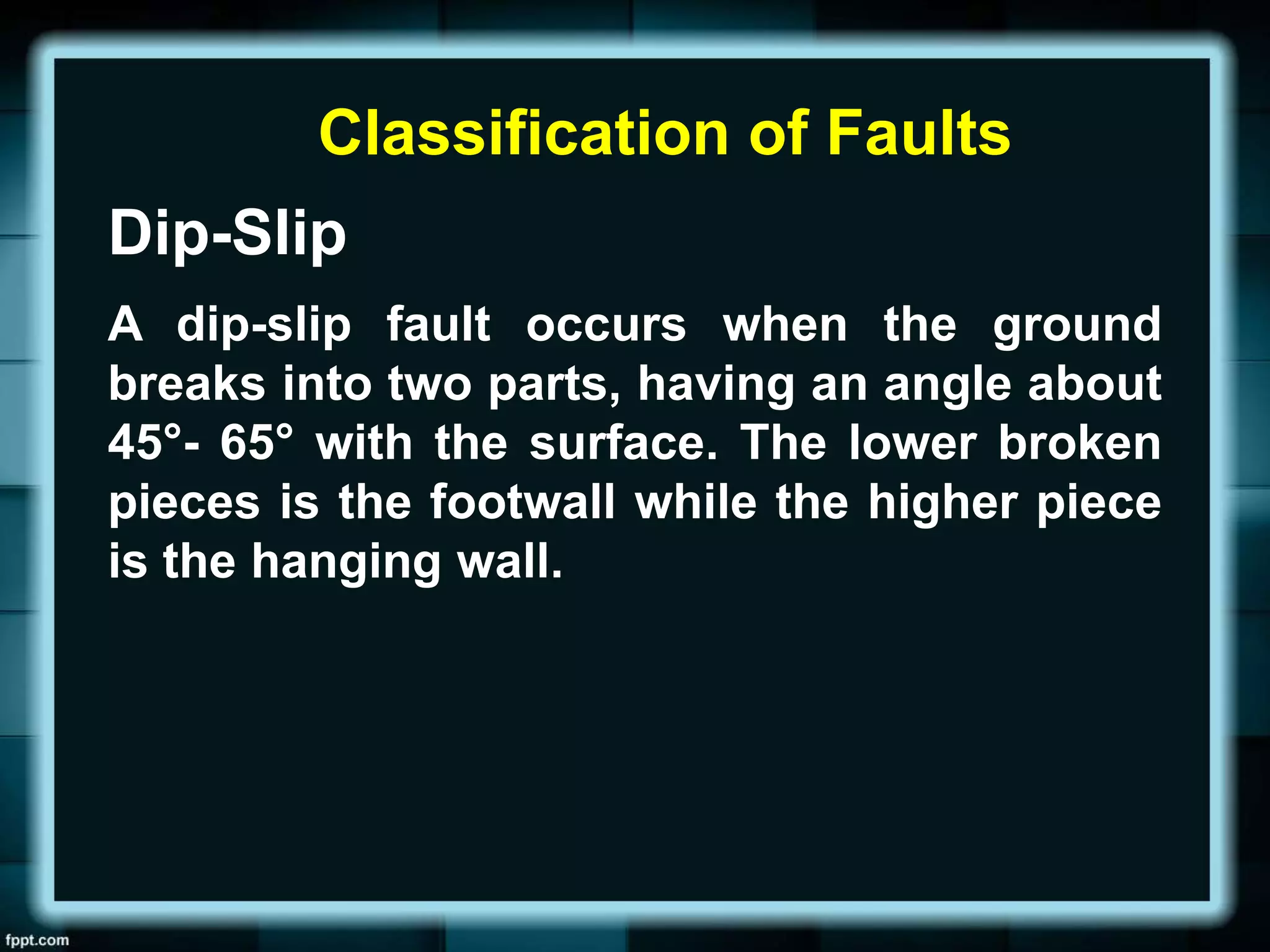 Classification of Faults
Dip-Slip
A dip-slip fault occurs when the ground
breaks into two parts, having an angle about
45°- 65° with the surface. The lower broken
pieces is the footwall while the higher piece
is the hanging wall.
 
