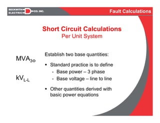 Establish two base quantities:
Standard practice is to define
- Base power – 3 phase
- Base voltage – line to line
Other quantities derived with
basic power equations
MVA3Φ
kVL-L
Fault Calculations
Short Circuit Calculations
Per Unit System
 