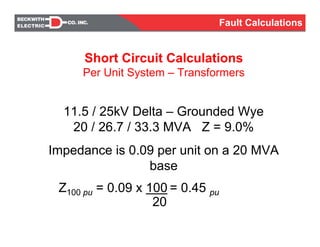 Short Circuit Calculations
Per Unit System – Transformers
11.5 / 25kV Delta – Grounded Wye
20 / 26.7 / 33.3 MVA Z = 9.0%
Impedance is 0.09 per unit on a 20 MVA
base
Z100 pu = 0.09 x 100 = 0.45 pu
20
Fault Calculations
 
