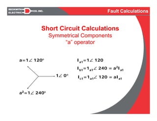 Short Circuit Calculations
Symmetrical Components
“a” operator
1∠ 0°
a=1∠ 120°
a2=1∠ 240°
Ib1=1a1∠ 240 = a2Ia1
Ic1=1a1∠ 120 = aIa1
Ia1=1∠ 120
Fault Calculations
 