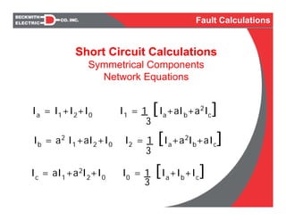 Short Circuit Calculations
Symmetrical Components
Network Equations
Ia = I1+I2+I0 I1 = 1 [Ia+aIb+a2
Ic]
Ib = a2
I1+aI2+I0 I2 = 1 [Ia+a2
Ib+aIc]
Ic
= aI1
+a2I2
+I0
I0
= 1 [Ia
+Ib
+Ic
]
3
3
3
Fault Calculations
 