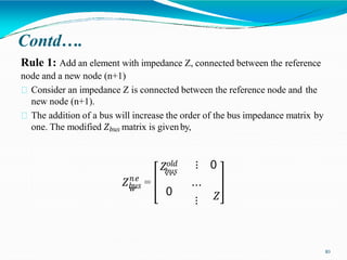 Contd….
𝑛𝑒
𝑤
𝑍𝑏𝑢𝑠 =
Rule 1: Add an element with impedance Z, connected between the reference
node and a new node (n+1)
Consider an impedance Z is connected between the reference node and the
new node (n+1).
The addition of a bus will increase the order of the bus impedance matrix by
one. The modified 𝑍𝑏𝑢𝑠 matrix is givenby,
𝑍𝑜𝑙𝑑
10
…
⋮ 0
𝑏𝑢𝑠
0
⋯
⋮ 𝑍
 
