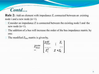 Contd…
Rule 2: Add an element with impedance Z, connected between an existing
node i and a new node (n+1).
Consider an impedance Z is connected between the existing node I and the
new node (n+1).
The addition of a bus will increase the order of the bus impedance matrix by
one.
The modified 𝑍𝑏𝑢𝑠 matrix is givenby,
𝑏𝑢𝑠
𝑍𝑛𝑒𝑤
=
𝑍𝑜𝑙𝑑
11
𝑏𝑢𝑠
……
⋮
𝑍𝑖
…
𝑖
𝑍𝑇
𝑍 +𝑍𝑖𝑖
 