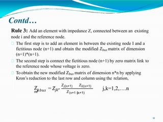 Contd…
Rule 3: Add an element with impedance Z, connected between an existing
node i and the reference node.
The first step is to add an element in between the existing node I and a
fictitious node (n+1) and obtain the modified 𝑍𝑏𝑢𝑠 matrix of dimension
(n+1)*(n+1).
The second step is connect the fictitious node (n+1) by zero matrix link to
the reference node whose voltage is zero.
To obtain the new modified 𝑍𝑏𝑢𝑠 matrix of dimension n*n by applying
Kron’s reduction to the last row and column using the relation,
𝑗
𝑘𝑏𝑢𝑠
𝑍
𝑚
= 𝑍𝑗𝑘-
𝑍𝑗(𝑛+1) 𝑍𝑘(𝑛+1)
𝑍 𝑛+1 (𝑛+1)
j,k=1,2,….n
12
 