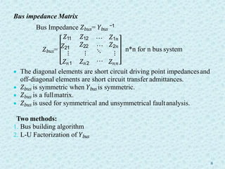 Bus impedance Matrix
Bus Impedance 𝑍𝑏𝑢𝑠= 𝑌𝑏𝑢𝑠
−1
𝑍𝑏𝑢𝑠=
𝑍21
8
𝑍11 𝑍12
𝑍22
⋮ ⋮
𝑍𝑛1 𝑍𝑛2
…
…
⋱
…
𝑍1𝑛
𝑍2𝑛
⋮
𝑍𝑛𝑛
n*n for n bus system
 The diagonal elements are short circuit driving point impedancesand
off-diagonal elements are short circuit transfer admittances.
 𝑍𝑏𝑢𝑠 is symmetric when 𝑌𝑏𝑢𝑠is symmetric.
 𝑍𝑏𝑢𝑠 is a fullmatrix.
 𝑍𝑏𝑢𝑠 is used for symmetrical and unsymmetrical faultanalysis.
Two methods:
1. Bus building algorithm
2. L-U Factorization of 𝑌𝑏𝑢𝑠
 